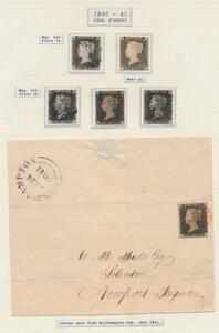 England. 1840. One Penny, black. Plade 1a,b. Albumside fra gammel samling med 5 mærker  brev.
