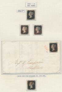 England. 1840. One Penny, black. Plade 5. Albumside fra gammel samling med 4 stk.  brev.