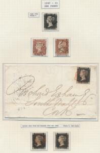England. 1840. One Penny, black. Plade 5. Albumside fra gammel samling med 3 stk.  brev  2 stk. one penny, red, plade 5.