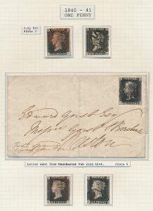 England. 1840. One Penny, black. Plade 7. Albumside fra gammel samling med 4 mærker  brev.