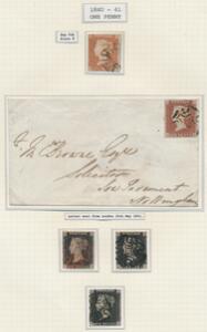 England. 1840. One Penny, black. Plade 8. Albumside fra gammel samling med 3 mærker  one penny, red, plade 8 mærke  brev.