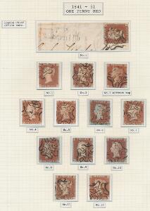 England. 1841. One Penny, red. NUMBER IN CROSS. Albumside med samtlige numre fra 1 til 12, opsat på planche.