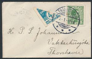 1919. HALVERET 4 Øre, Bølgelige KORSBÅND, blå samt 5 øre, Chr.X, grøn. PRAGT-brev i lille format sendt fra TRANGISVAAG 15.1.1919, til Thorshavn. AFA 12500