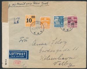 1941. God frankering på dobbelt censureret Luftpost-brev via New Yprk til Danmark. Stemplet i THORSHAVN 31.3.41.