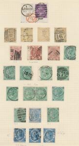 England. 1865-1867. Victoria. 3 d. - 2 sh. To gamle albumsider med bl.a. flere gode stempler, papirtyper m.m.