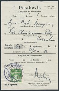 1922. Postbevis med 10 øre, Bølgelinie, grøn. Stemplet i TRANGISVAAG 22.11.1922, til København.