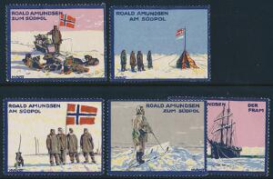 Norge. Roald Amundsen. 5 forskllige mærkater med Roald Amundsen. Sjældne.
