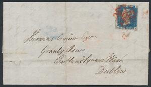 England. 1840. Two Pence, blue. O-G. Bredrandet mærke på brev til Dublin, annulleret med rødt Maltese Cross stempel. SG £ 2000