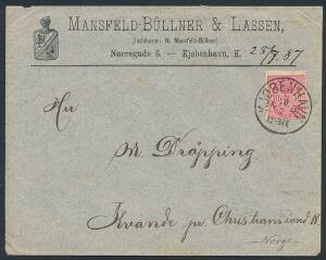 1884. 10 øre, anilinrød. Single frankering smuk firmakuvert sendt til NORGE.