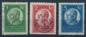 1924. Verdenspostkongres. 1-5 kr. 3 pæne stemplede mærker. Facit 6950