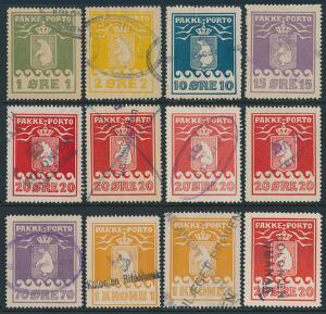 1915-1937. Pakkeporto. Planche med 12 stemplede mærker, bl.a. AFA 8I og 10 m.fl.