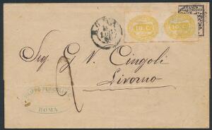 Italien. 1863. 10 cent, Portomærke, gul. Parstykke på brev fra Roma med 5 b. sortrosa. Stemplet ROMA 6 JUN.66. Sjælden forsendelse.