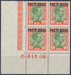1930. Chr.X, 10 kr. rødgrøn. Postfrisk fireblok med nedre marginal 419-G. Pragtkvalitet. AFA 4000