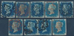 England. 1840. Two penny, blue. 9 pæne mærker incl parstykke, dog alle med defekter folder eller tyndheder.