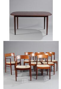 Dansk møbeldesign Spisestue af palisander bestående af to armstole, seks stole samt ovalt bord med tre tillægsplader. Udført hos S.  A. Furniture. 9