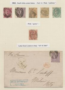 England. 1862-64. Victoria. Små Hjørne-bogstaver. Planche fra udstillings-samling med 6 mærker samt brev. SG £ 1620