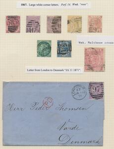 England. 1865-67. Victoria. Store hvide Hjørne-bogstaver. Planche fra udstillings-samling med 8 mærker samt brev.