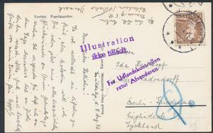 1946. Postkort med 25 øre, Chr.X, brun, sendt fra TISVILDELEJE 9.8.46, til Tyskland med sjældent violet stempel ILLUSTRATION IKKE TILLADT samt Fra Udlandskon