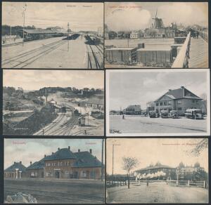 Jernbane og Rutebilstation. 6 postkort fra Roskilde, Gram, Nørresundby, Fredericia og Odense.