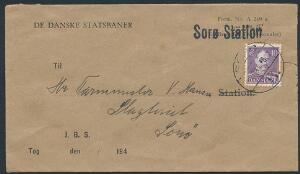 Sorø Station. Lokalbrev 10 øre Chr. X annulleret SORØ B. på kuvert til Brug for Togpersonalet.