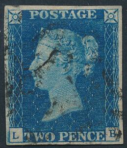England. 1840. Two Pence, blue. Plade 2. Nydeligt eksemplar med 4 pæne rande. SG £ 800