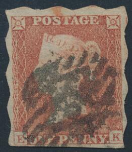 England. 1841. One Penny, red. Alphabet II. WITH TREASURY ROULETTE. Fint stemplet eksemplar af et meget sjældent mærke.