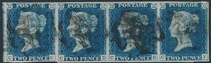 England. 1840. Two Pence, blue. Plade 2. Flot vandret 4-STRIBE med brede rande på alle sider, annulleret med sort Maltese Cross cancel. Sjælden enhed SG £3200