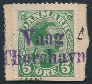 Vaag Thorshavn. Violet liniestempel på lille klip med 5 øre, Chr.X, grøn.