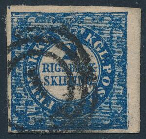 1852. 2 RBS Thiele, blå. Pænt og fejlfrit mærke, anulleret med nr.stempel 1. AFA 10000
