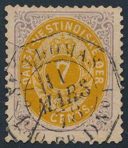 1874. 7 cents, lillagul. Et meget smukt mærke, annulleret med sjældent, retvendt FRANSK SKIBS-stempel ST. THOMAS PAQ. FR. D. No 1 11 MARS 78. Attest Nielsen