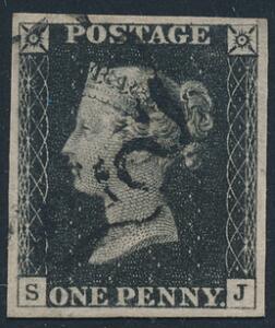 England. One Penny, black. S-J. OMVENDT VANDMÆRKE Smukt bredrandet eksemplar, annulleret med sort Maltese Gross-stempel. SG £ 2000