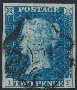 England. 1840. Victoria. Two Pence, blue. I-F. Smukt mærke med pæne rande, annulleret med sort Maltese Cross-stempel. SG £ 675