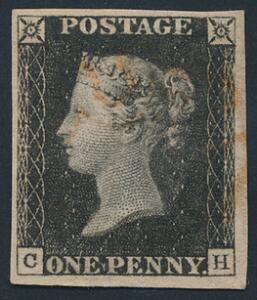 England. 1840. One penny, black. C-H. Bredrandet mærke.