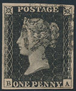 England. 1840. One penny, intense black. B-A. Smukt, bredrandet mærke. SG £ 425