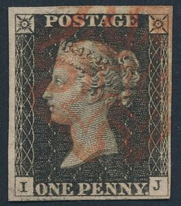 England. 1840. One penny, black. I-J. Pænt mærke.