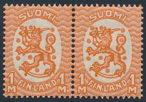 1925. Løve, 1 m. orange. Tk. 14 14 x 14 34. Sjældent postfriskt parstykke. Facit 4000