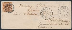 1863. 4 sk. brun. Stukken kant. Fint brev med nr.stempel 221 og FELTPOST No.1 24.3.