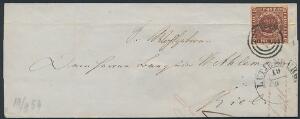 1853. 4 RBS Thiele II, mørk rødbrun. På brev fra LÜTJENBURG 19.9, sendt til Kiel. En svag vandret fold gennem mærket.
