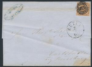 1854. 4 RBS Thiele III, olivenbrun. Pænt mærke med fine rande på brev fra EUTIN 2.4.1855. Et par vandrette folder i kuverten, hvor den ene går svagt gennem mærk