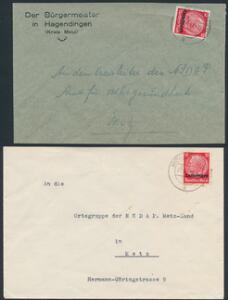 1941. Lothringen. 12 Pf. HIndenburg Lothringen på 2 kuverter til NSDAP i Metz
