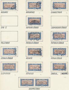 Island. STEMPLER. Stempel-samling på Landskabs-serien fra 1925, opsat på albumsider. Se fotoudsnit