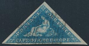 Cape of Good Hope. 1853. 4 d. blue. Paper slightly blued. LIGGENDE VANDMÆRKE. Smukt bredrandet mærke. SG £ 275