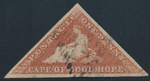 Cape of Good Hope. 1853. 1 d. deep brick-red. Dyb blåligt papir. Fint bredrandet mærke. SG £ 350