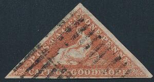 Cape of Good Hope. 1853. 1 d. brown-red. Paper slightly blued. Fint bredrandet mærke. SG £ 250