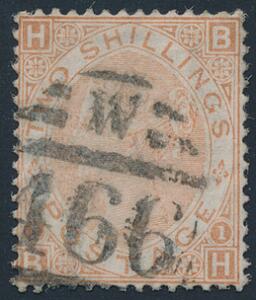 England. 1880. Victoria. 2 Sh. brun. Pænt stemplet eksemplar af et sjældent mærke. SG £ 3250