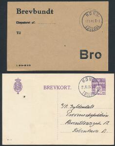 HØNG-TØLLØSE, bureaustemepl BRO IIIe på brevkort og brevbundtseddel. 21.8.26 og 2.5.1940.