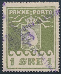 1905. 1 øre, oliven. Pænt mærke med violet liniestempel Styrelsen af Kolonierne i Grønland. Attest Nielsen