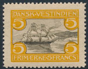 1905. St. Thomas Havn. 5 Fr. gulbrun. Helt perfekt centreret postfriskt mærke. LUXUS kvalitet. AFA 1500