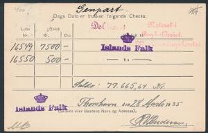 1935. Brevkort dateret Thorshavn den 28 Marts, 1935. Violet stempel med krone Islands Falk.