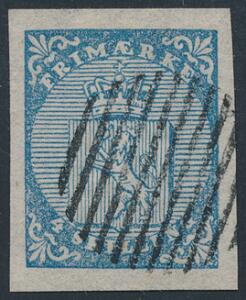 1855. 4 skilling, blå. Pragt-mærke med brede rande og smukt 11-stregsstempel.